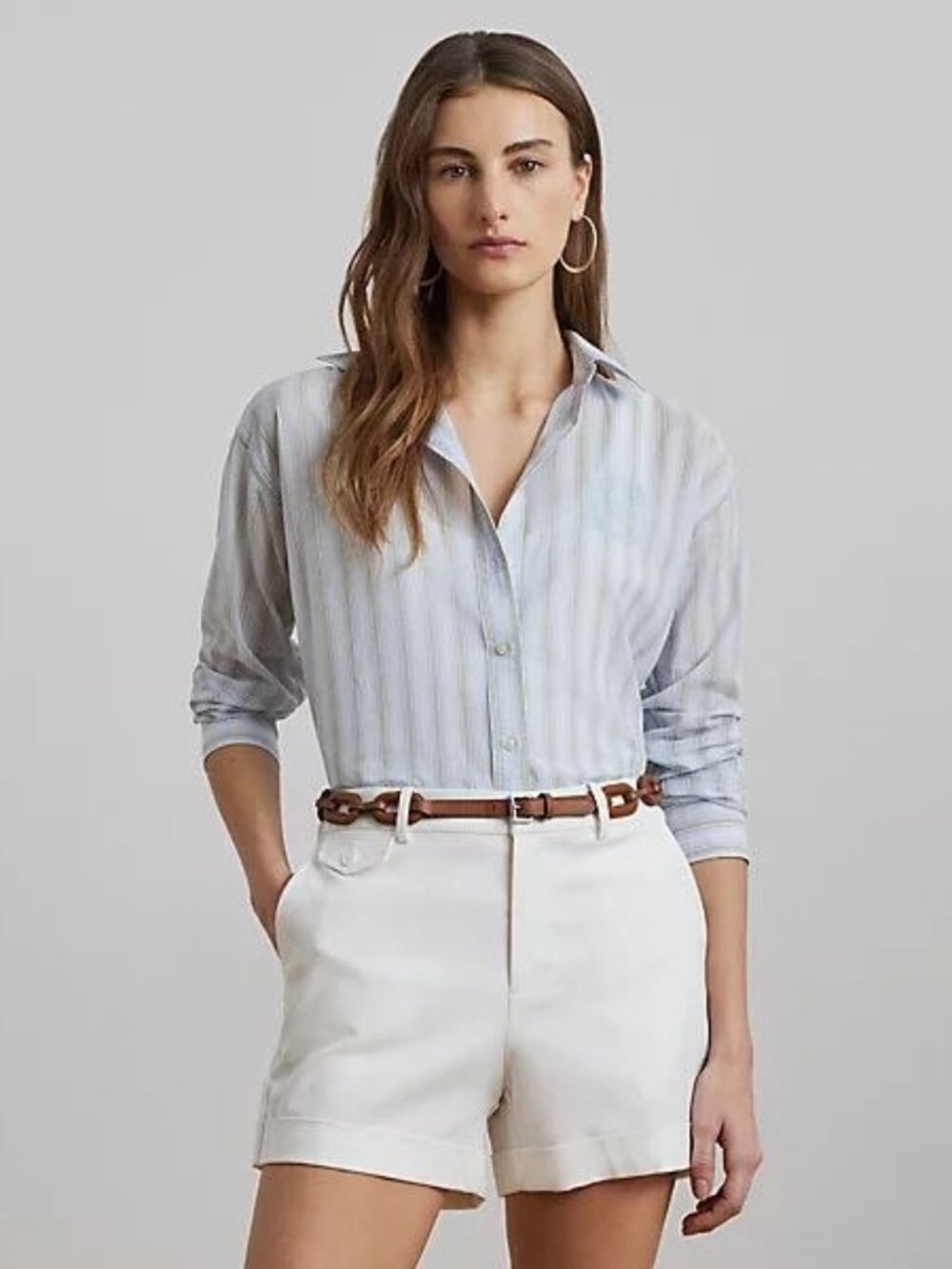 $145 Lauren Ralph Lauren Oversize Striped Cotton Broadcloth Shirt